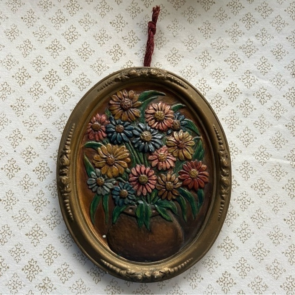 1940’s Colorful Chalk Ware Floral Wall Plaque
